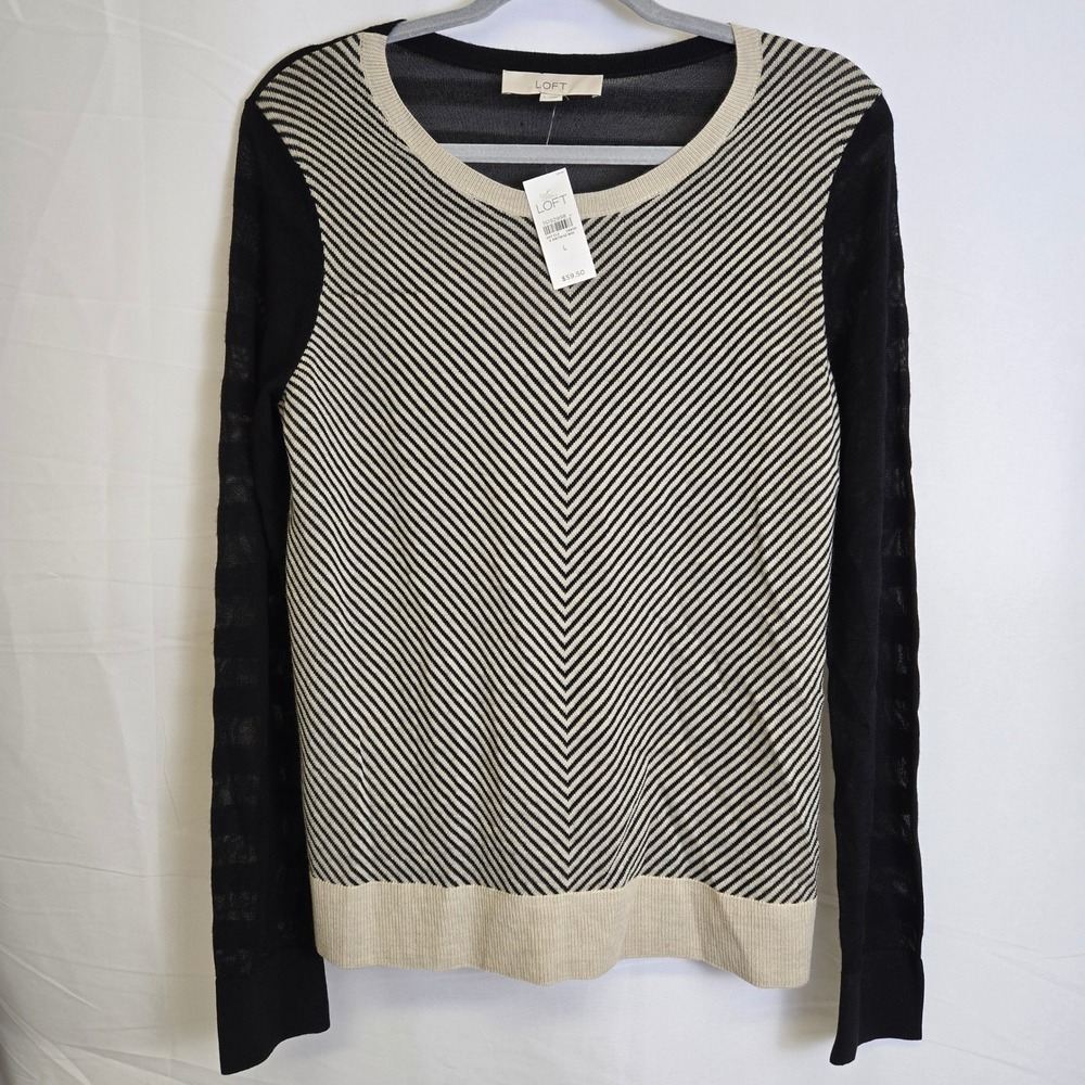 Loft Chevron Pullover Wool Blend Sweater, Black/Tan, Large, NWT-Small‎ Flaw